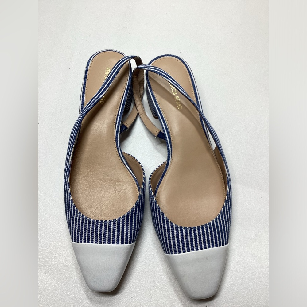 Veronica Beard Vero Cuoio Navy and White Striped Slingback Flats